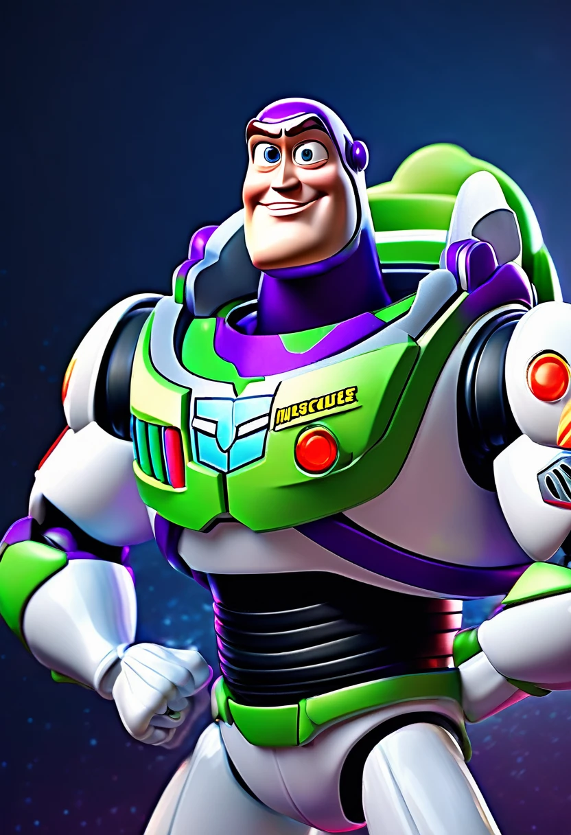 musculoso,a Buzz Lightyear character, hyper-detailed, 3D render, highly realistic, photorealistic, studio lighting, sharp focus, physically-based rendering, extreme detailed description, professional, vibrant colors, dynamic pose, heroic, futuristic, space theme, metallic materials, glowing lights, cinematic angle, intricate details, epic scale