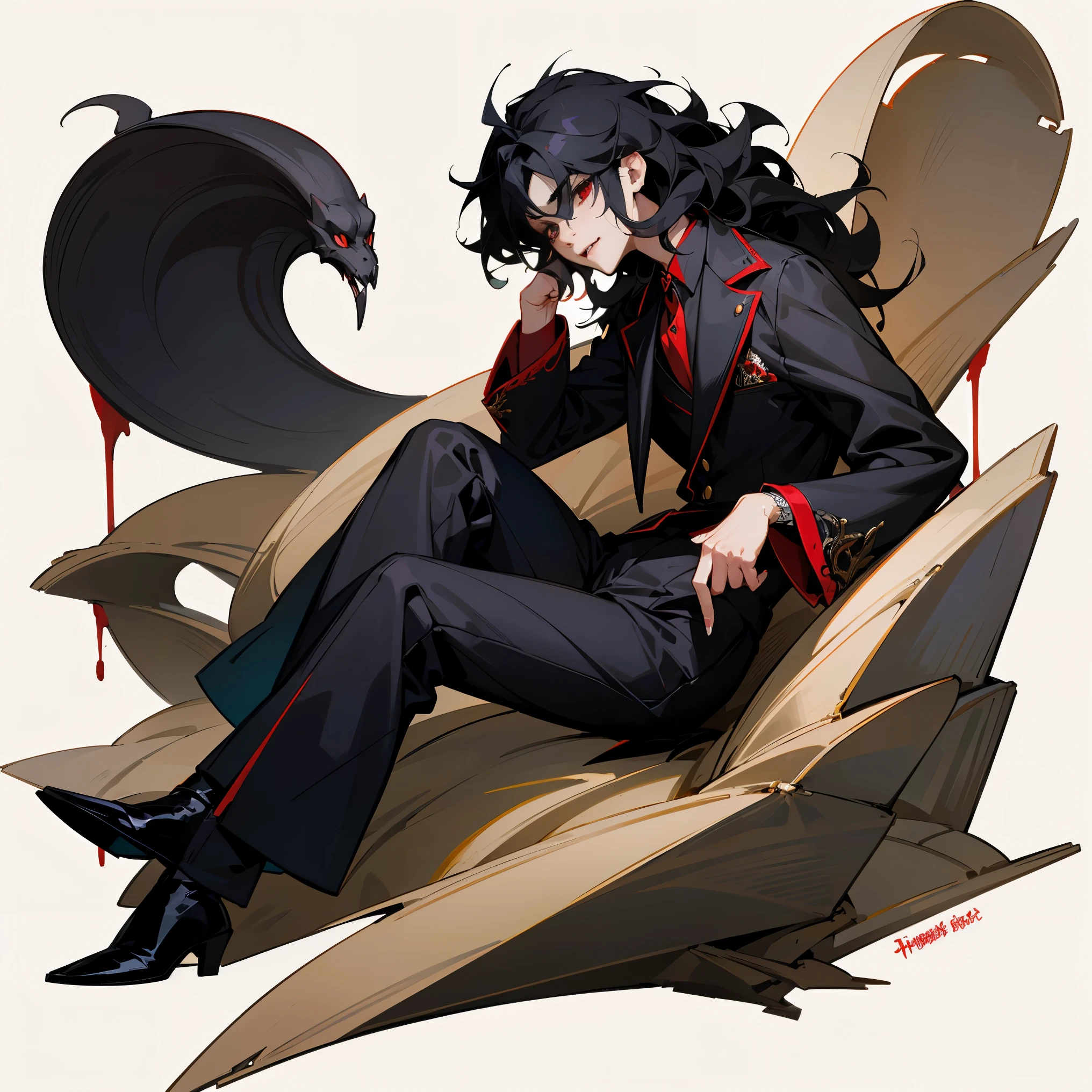 Male Character, Emo, Black Hair Hair, Red Eyes, Sitting at Computer, Mullet, Wavy Hair, Short Hair, Vampire, Fangs, Blood, Clear, Stylized Character Design, Quality Character Design, Detailed Character Design, Stylized Character Design, Excellent Character Design, Masculine, Very Detailed Outfit, Sexy, Hot, Antique, Garters, Facade, Side Face, Beautiful Boy, Perfect Face, Detailed Eyes, Many Accessories, Elegant