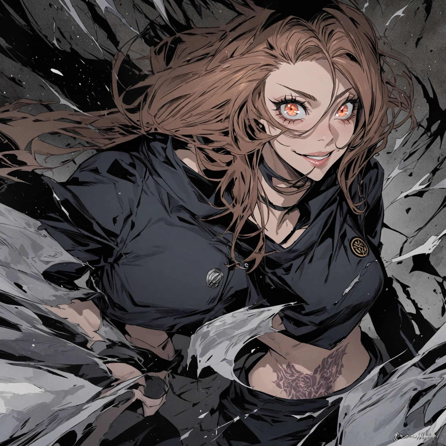 ultra detallado, high resolution, vista desde abajo , looking down jujutsu kaisen style 18 year old girl , hermosa , medium long brown hair , ojos gris oscuro , con uniforme de jujutsu Tech , tatuajes , sonrisa malvada