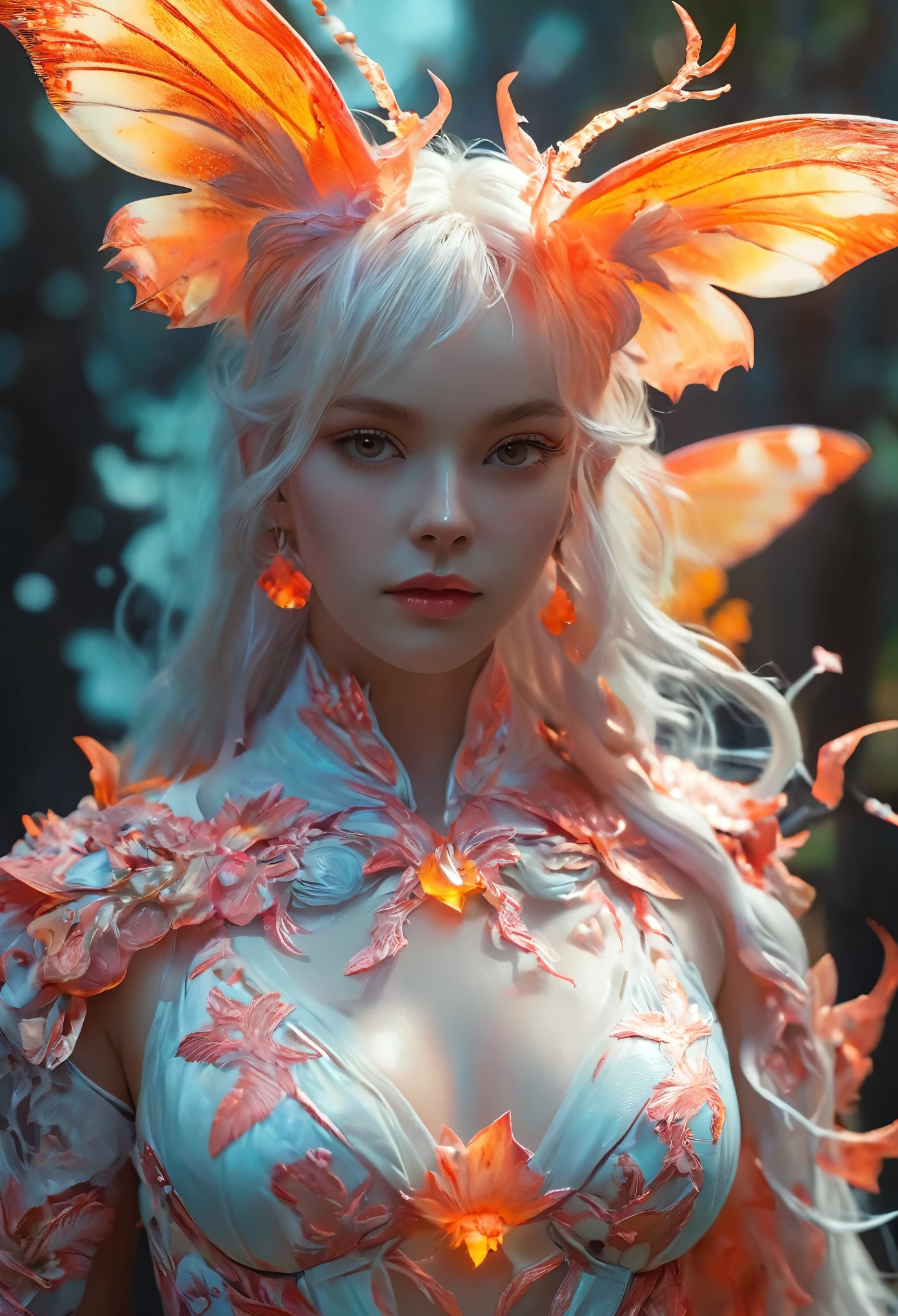 (best quality,4k,8K,High resolution,masterpiece:1.2), Extremely detailed, (Practical,photoPractical,photo-Practical:1.37), White creature, Otherworldly, Lovecraft style, Chitinous skin, Bioluminescent pattern, Gloomy color palette, weird lights.(National Foundation:1.4), White, pink, orange, Very long, sharp red claws, Big Paws, She is emitting bioluminescence all over her body. Hydrated skin, (Extremely fine and complex skin patterns:1.2), (Translucent chitin exoskeleton:1.3), (The waist is extremely thin:1.4), (Disruption of anatomical structures:1.5), ferocious,