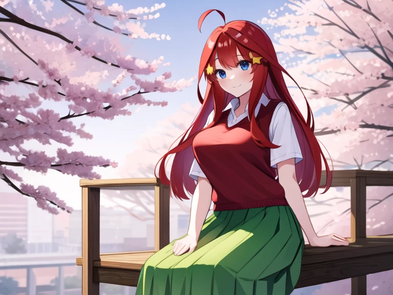 masterpiece, best quality, 5girls, nakano itsuki, clones, skirt, green skirt, blue eyes, red hair, long hair, star (symbol), breasts, shirt, blush, star hair ornament, ahoge, hair ornament, white shirt, huge breasts,  large breasts, looking at viewer, short sleeves, bangs, smile, red sweater, sweater vest, pleated skirt, collared shirt, , hair between eyes, cowboy shot, sitting,  outdoors, day, tree, cherry blossoms,  