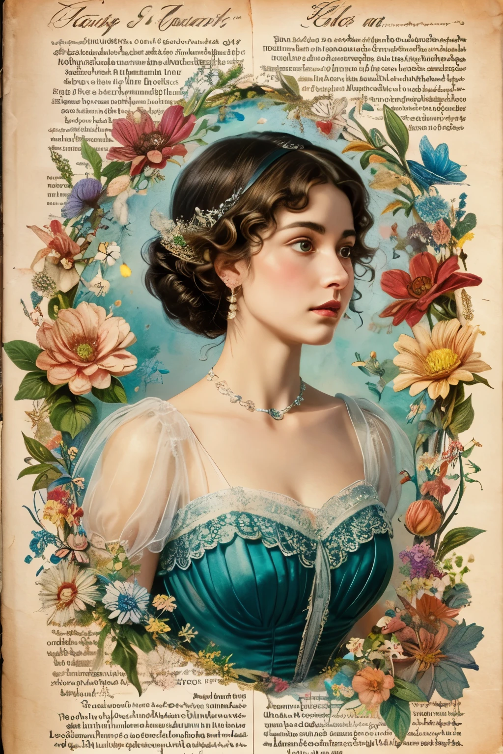 Super detailed alcohol ink painting of beautiful woman, Made on top of a mixed media masterpiece，Pieced together from stress-free vintage manuscript paper, mayfly, torn cardboard, Vintage newspaper, vintage sheet music, Wax seals, A dress made of paper ruffles and really tiny delicate lace, style [junk magazine, double exposure, Equal to body size, Greg Simkins, marc davis, oliver jeffers, Andy Keeho], Movie, amazing, Very detailed, 8K, Defog