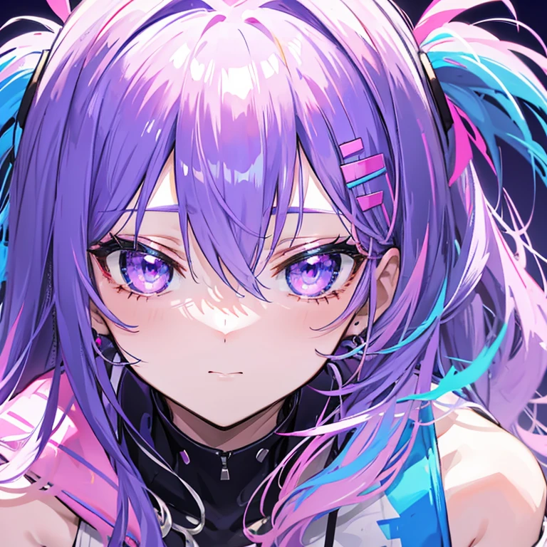 Bi sexual character, bi flag colors, pink and royal blue with an overlapping purple stripe in the center. Mostly pink and blue, small purple highlights.