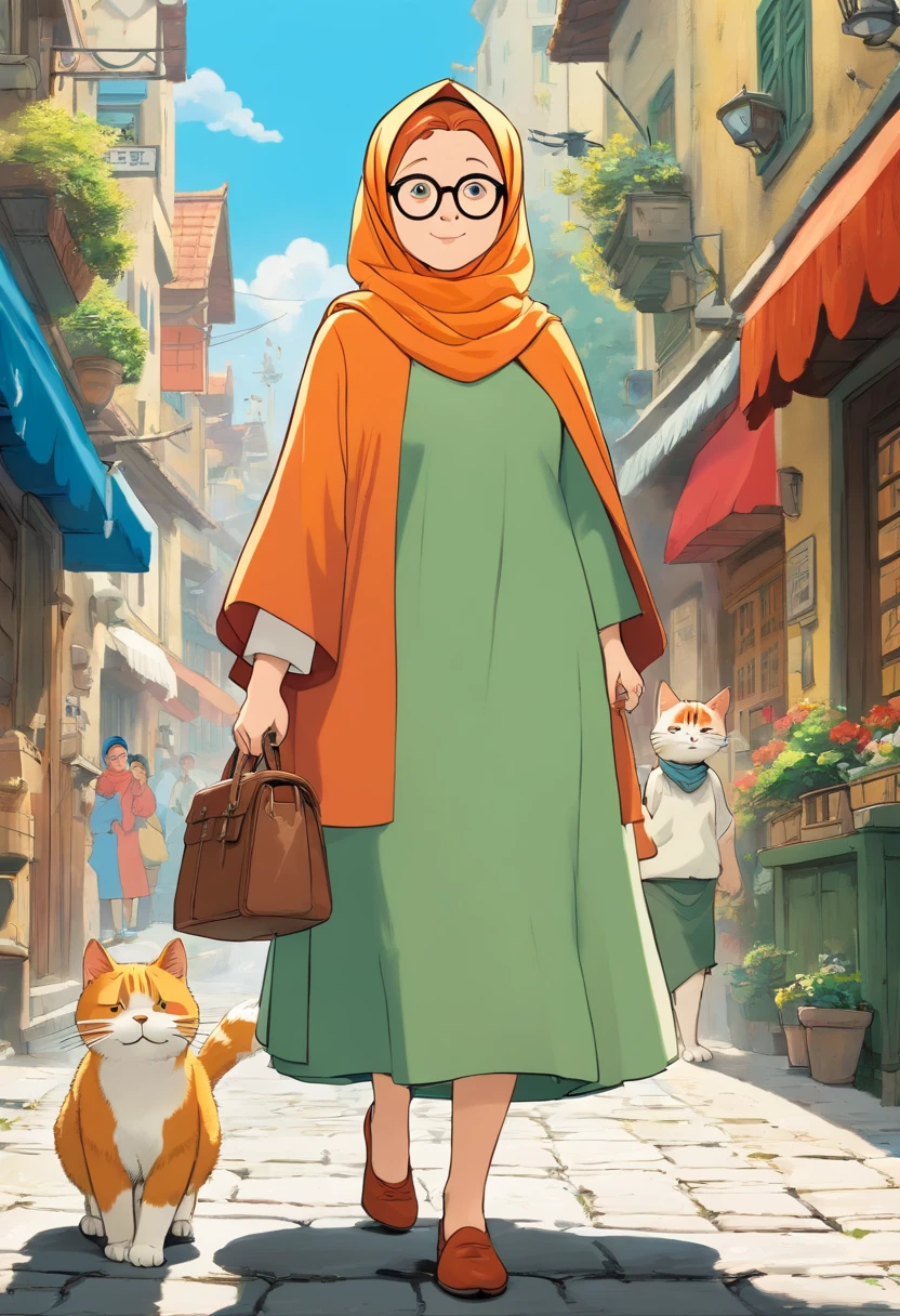 Tintin, 50 years old chubby female, wearing Colourful hijab and moslem dress, wearing glasses, herge, european comics, heroic pose, Indonesian busy street, with ginger cat