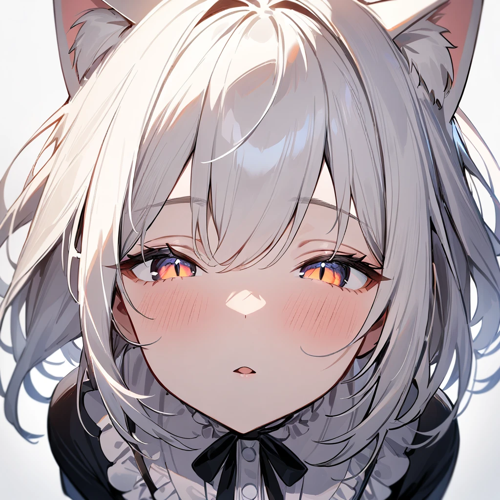 1girl,portrait,Cat ear,Slit pupil,masterpiece,best quality, very aesthetic,absurdres,highlight,center frills,cat ear,medium shot,looking at viewer,half closed eyes,front view,(looking up:1.3),Parted lips,kiss,from above,Dutch angle,straight-on,White hair