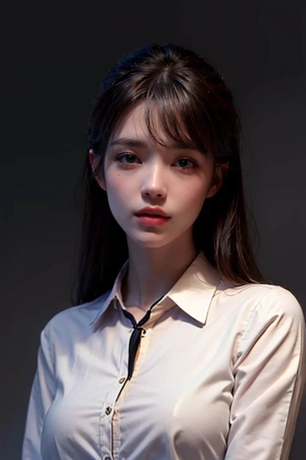 photorealistic, masterpiece, best quality, raw photo, 1girl, solo, long hair, brown hair, detailed face, alluring face, collared shirt, medium breasts, dynamic pose, looking at viewer, from below, detailed background, fine detailed, intricate detail, ray tracing, depth of field, low key, hdr