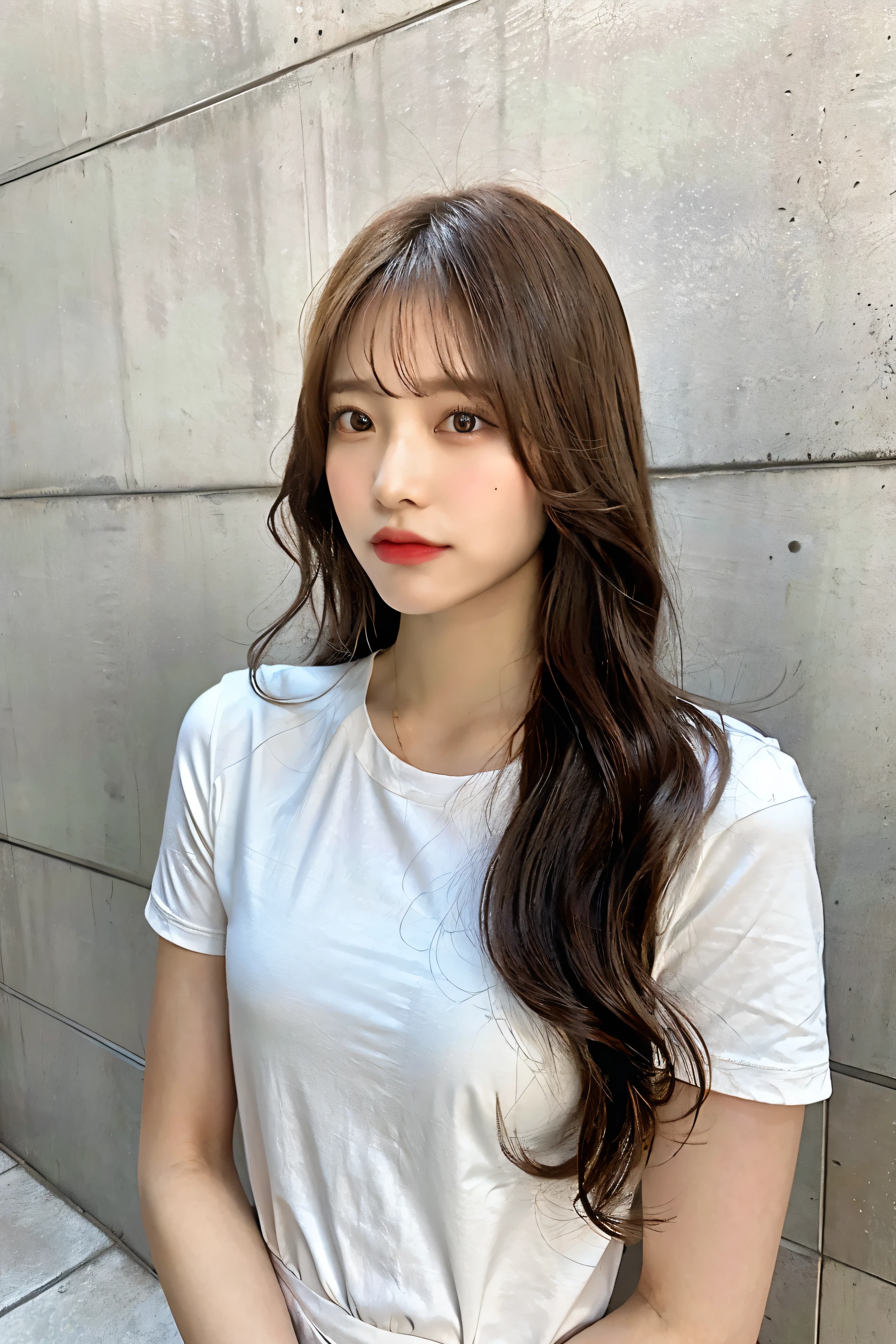 higheSt quality, 1. Beautiful Women, 28 yearS old, S, 35mm lenS, debt/1, Cowboy Shot, Concrete Background、Tile Background、Big wavy hair、Shirt、light brown、Tile wall