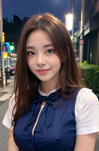 (8k, RAW photo, best quality, mastery:1.3), (realistic, photo-realistic:1.37), (looking viewer:1.331), (brown hair), posing, Tokyo street, nightcityscape, cyberpunk city, soft light, 1girl, extremely beautiful face , Perfect body proportions, (small face: 1.1), bust, casual hairstyle, smile, big eyes, (short sleeves JK_shirt), JK_style, (navy JK_skirt), (bow JK_tie), mix4, detailed eyes