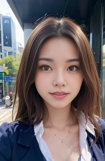 (8k, RAW photo, best quality, mastery:1.3), (realistic, photo-realistic:1.37), (looking viewer:1.331), (brown hair), posing, Tokyo street, nightcityscape, cyberpunk city, soft light, 1girl, extremely beautiful face , Perfect body proportions, (small face: 1.1), bust, casual hairstyle, smile, big eyes, (short sleeves JK_shirt), JK_style, (navy JK_skirt), (bow JK_tie), mix4, detailed eyes
