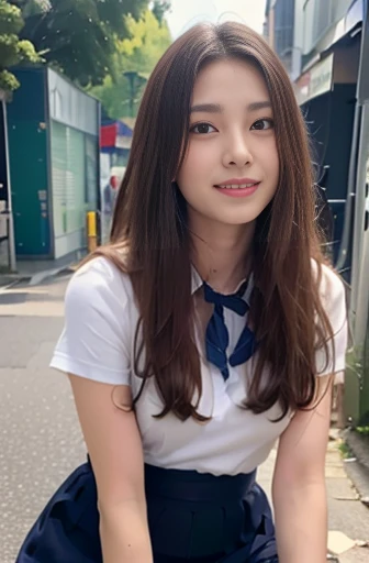 (8k, RAW photo, best quality, mastery:1.3), (realistic, photo-realistic:1.37), (looking viewer:1.331), (brown hair), posing, Tokyo street, nightcityscape, cyberpunk city, soft light, 1girl, extremely beautiful face , Perfect body proportions, (small face: 1.1), bust, casual hairstyle, smile, big eyes, (short sleeves JK_shirt), JK_style, (navy JK_skirt), (bow JK_tie), mix4, detailed eyes