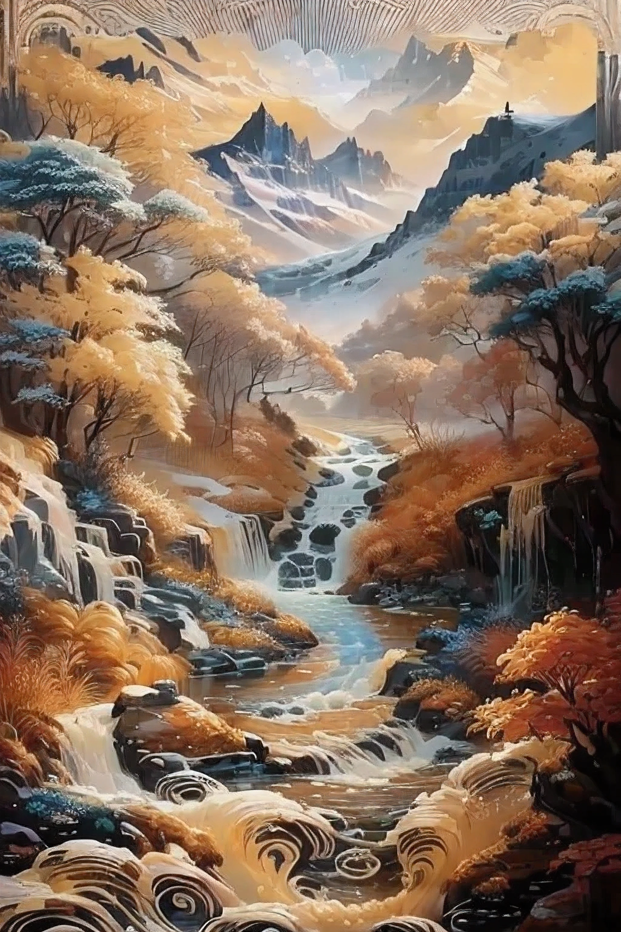 A painting of a tiger and a lion in a river, Landscape Art Detail, Intricately beautiful paintings, Beautiful and complex painting, Intricate landscape, Unique and intricate painting, Detailed painting 4k, Intricate fantasy painting, Intricate and detailed painting, very intricate art, Extremely detailed painting, Superb and complex artwork, Detailed 4k , Detailed Dreams, very detailed art