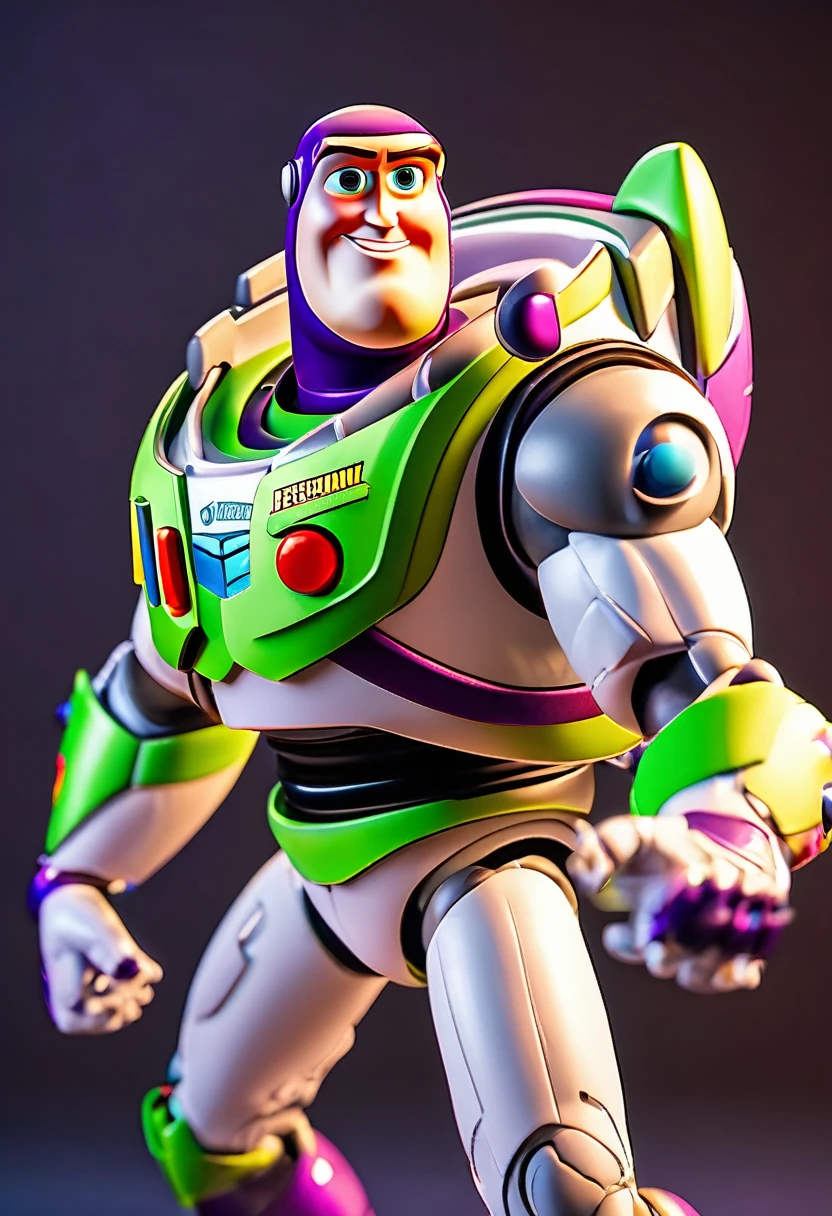 fotografia perfecta,enfoque de imagen,balance de colores, nitidez,musculoso,a Buzz Lightyear character, hyper-detailed, 3D render, highly realistic, photorealistic, studio lighting, sharp focus, physically-based rendering, extreme detailed description, professional, vibrant colors, dynamic pose, heroic, futuristic, space theme, metallic materials, glowing lights, cinematic angle, intricate details, epic scale