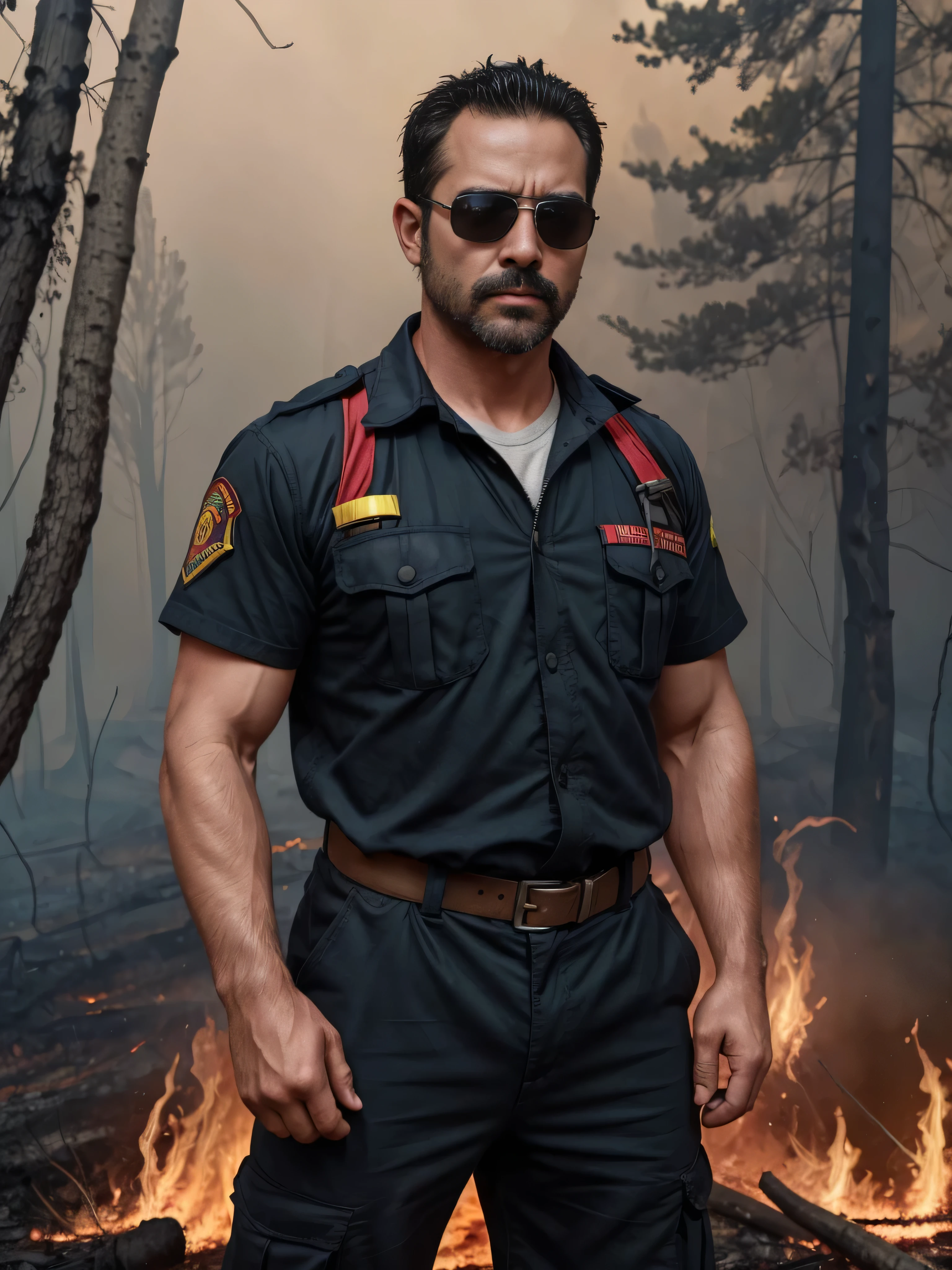 A super realistic image of a 38-year-old man with a masculine appearance wearing dark sunglasses, captured in a mid-shot showing his upper body. He is standing near a raging wildfire, with flames and smoke billowing behind him. His facial features are very detailed, displaying soot and sweat, with an expression of urgency and determination. He is wearing a firefighter's uniform that is singed and dirty, highlighting the dangerous situation. The background is filled with burning trees and dark smoke, emphasizing the intensity of the disaster.