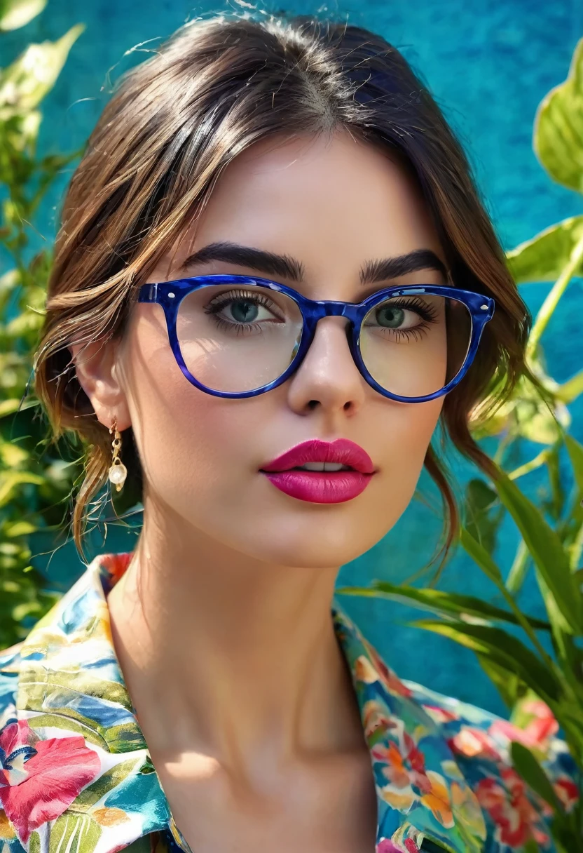 (melhor qualidade,4k,high resolution,Obra de arte:1.2),ultra-detalhado,realista,retrato, inteligente e confiante, Lilly Krug, Jaqueta azul,olhos detalhados, detailed lips,inteligente,wearing glasses,na moda,parado em um jardim vibrante,flores bonitas florescendo,Colorida,soft lighting,folhas farfalhando na brisa,atmosfera serena,criatividade,harmonia,energia positiva,Feeling of tranquility,felicidade,artistic style,tons de azul e verde,pinceladas finas,meticulous attention to detail,professional illustration,exquisite rendering,cores vivas,vista perfeita,Perfectly balanced composition,efeitos de pintura hipnotizantes,obra de arte inspiradora.