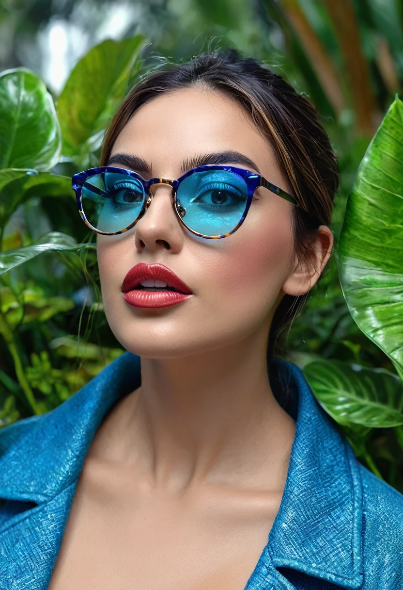 (melhor qualidade,4k,high resolution,Obra de arte:1.2),ultra-detalhado,realista,retrato, inteligente e confiante, Lilly Krug, Jaqueta azul,olhos detalhados, detailed lips,inteligente,wearing glasses,na moda,parado em um jardim vibrante,flores bonitas florescendo,Colorida,soft lighting,folhas farfalhando na brisa,atmosfera serena,criatividade,harmonia,energia positiva,Feeling of tranquility,felicidade,artistic style,tons de azul e verde,pinceladas finas,meticulous attention to detail,professional illustration,exquisite rendering,cores vivas,vista perfeita,Perfectly balanced composition,efeitos de pintura hipnotizantes,obra de arte inspiradora.
