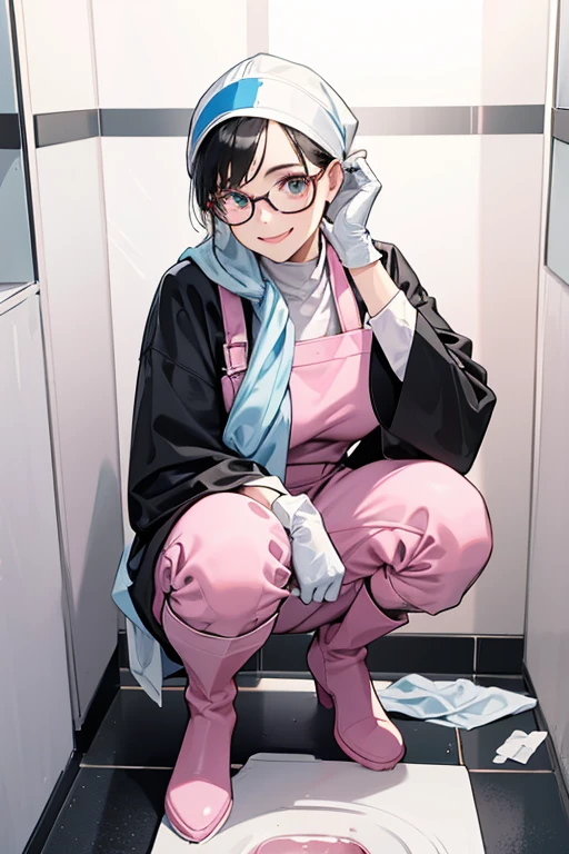 Wearing large pink rubber gloves, white rubber boots and a white cloth wrapped around her head、A mature woman with glasses and black hair tied up in a blue long-sleeved jumpsuit squats down and smiles kindly while cleaning a filthy public toilet bowl