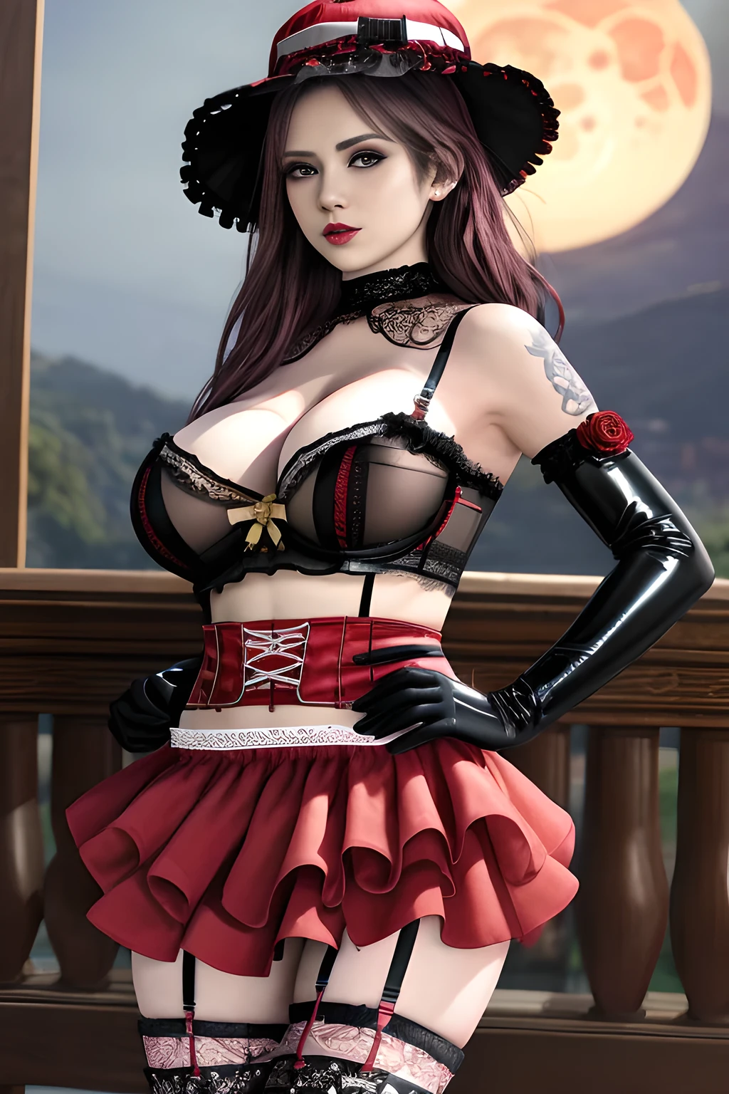 1 girl,BREAK (Royal:1.4), (red and black theme:1.5), ((red) bucket hat with rose corsage:1.4), (fusion of black high neck crop top and latex (red bustier):1.4), ((floral lace, see-through):1.3), ((sleeveless, bare shoulders):1.3), (red tiered skirt with black ruffles:1.4), ((ultra long gloves) with floral lace:1.3), (wrap a (cat garter) around thighs:1.4), outdoor,elegant,nighttime,moonlighe,shiny skin,( huge breasts), lip gloss,tattoos, masterpiece, best quality, realistic ,Surrealism,natural colors art in 8k,soft shadows,High-definition RAW color photos professional portrait photos,solo, elise,