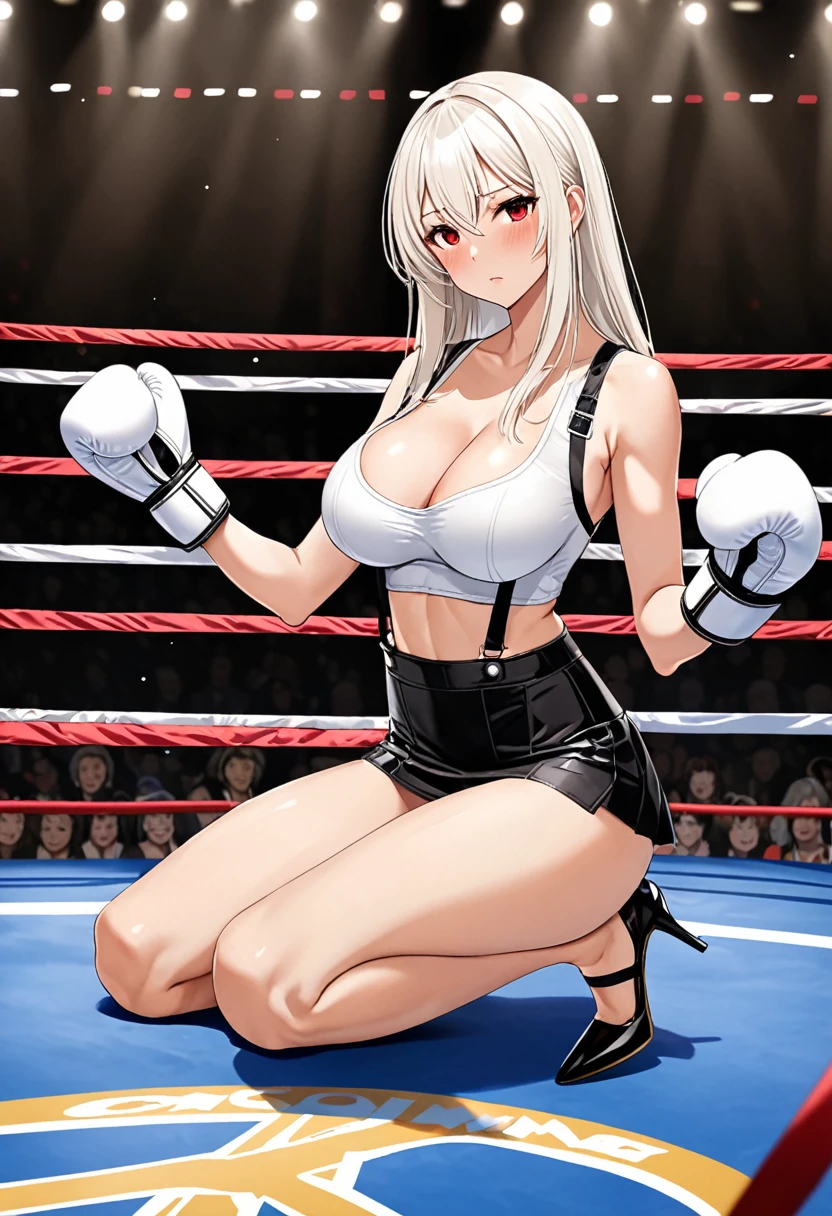 high quality,The beauty of maturity,White straight hair,Red Eyes,Shy,blush,Wearing suspenders,Short skirt,Black garter stockings,High heel,Wearing white boxing gloves,Cleavage,Large Breasts,Camel toe,Long legs,Thin waist,Vest line,Absolute Domain,Sit in the ring,Legs open