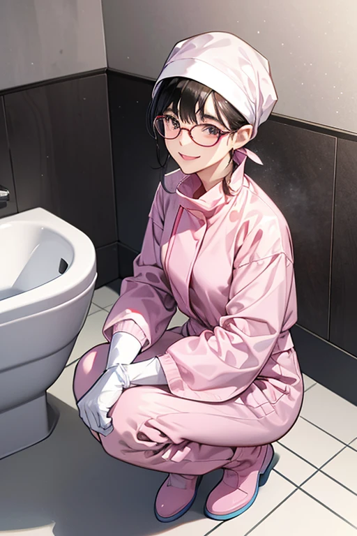 Wearing large pink rubber gloves, white rubber boots and a white cloth wrapped around her head、A mature woman with glasses and black hair tied up in a blue long-sleeved jumpsuit squats down and smiles kindly while cleaning a filthy public toilet bowl