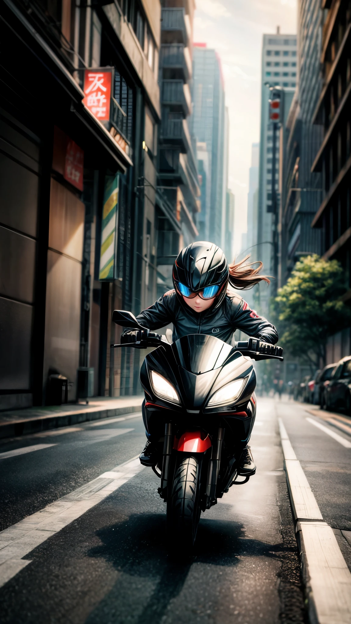 Kickboard、Girl、Lane、Avoiding cars、Motion Blur Effect