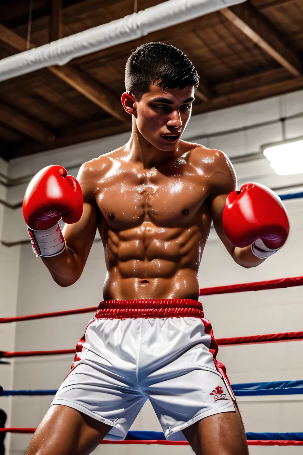 a lean skinny 18-year old shirtless caucasian boy wearing red boxing gloves, white boxing shorts, undercut black hair, tanned skin, drenched with sweat, sweating profusely, in the ring