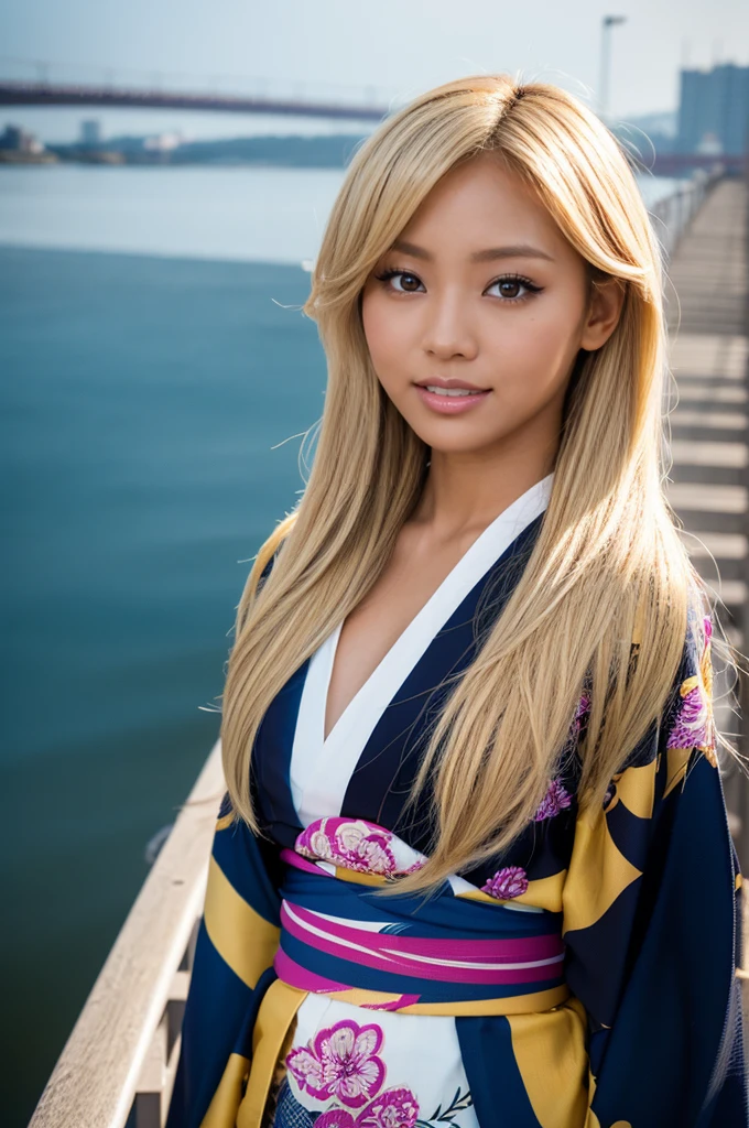 gyaru, dark-skinned, shiny oiled skin, blond hair, wearing japanese kimono, close up shot, in the seaside, deep fog, at sunrise, sunshine
