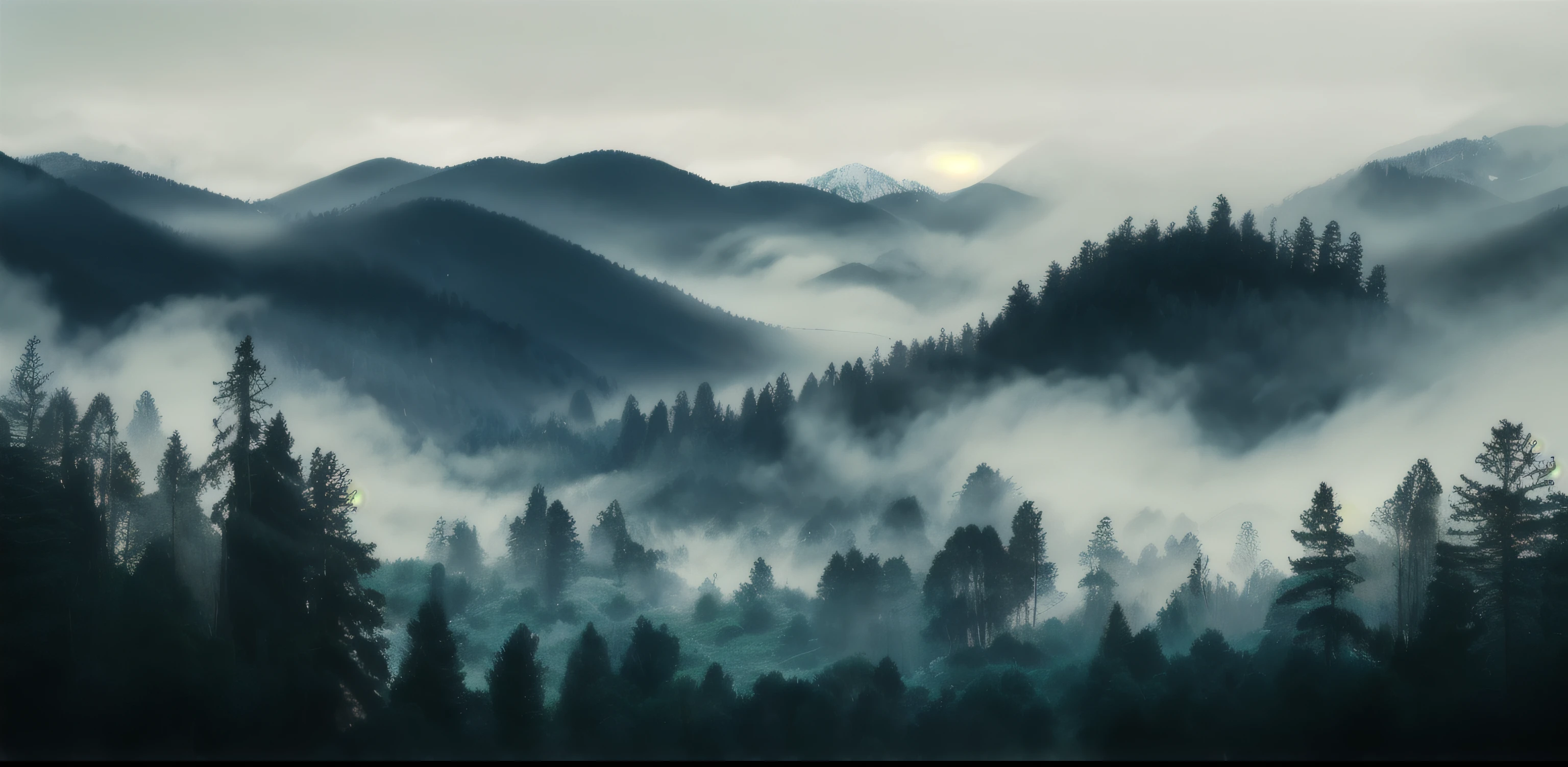 Forest landscape with misty mountains in Alafud, misty mountains, mountains in fog background, dark misty foggy valley, foggy photo 8k, Foggy forest background, mists, (mist), dark foggy forest background, misty forest, dark forest shrouded in mist, Misty landscape, foggy forest, valley mist, dark emerald mist colors, mist in valley, mist