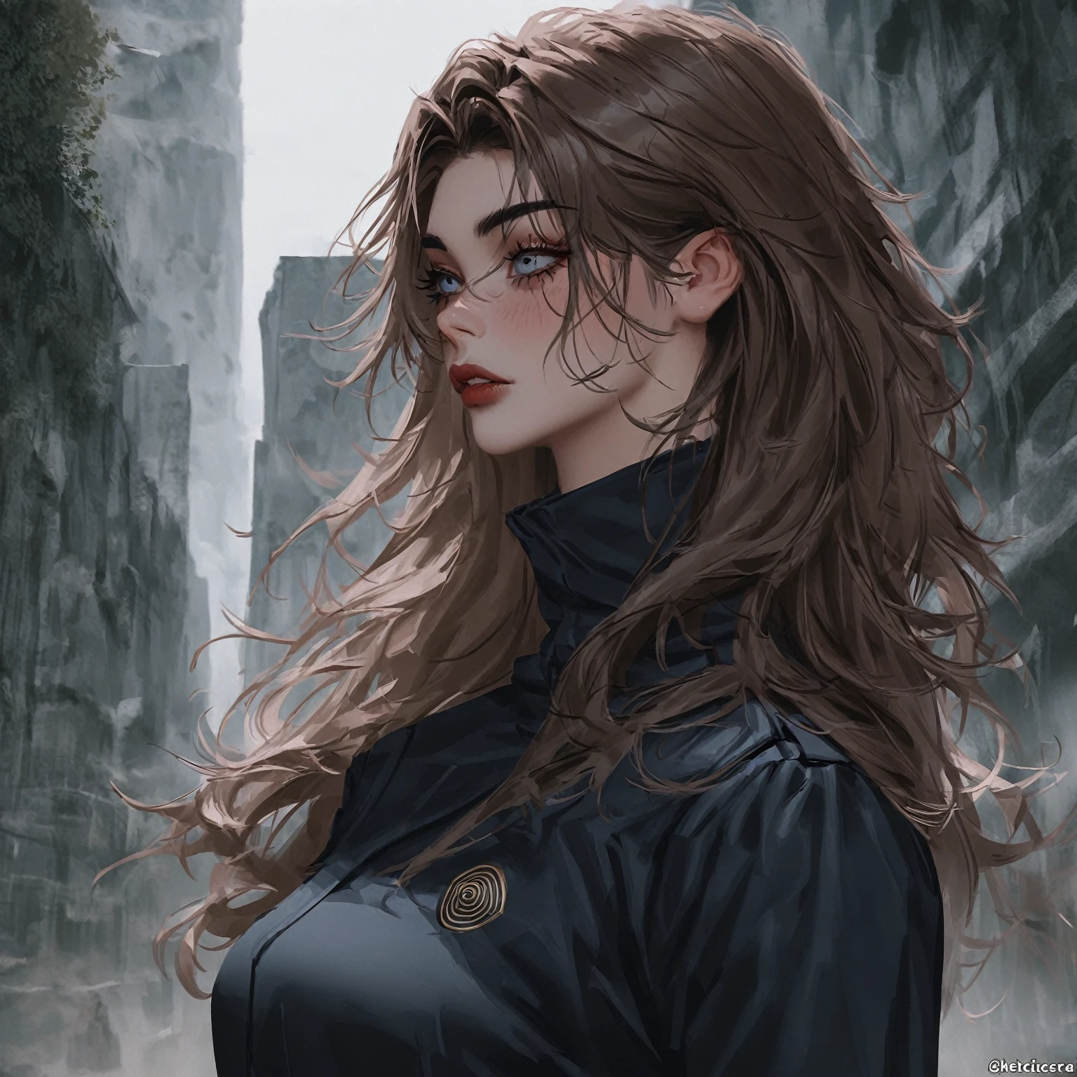 ultra detallado, high resolution, vista desde abajo estilo Jujutsu Kaisen , hechicera , 18 year old girl , hermosa , medium long brown hair , ojos gris oscuro , con uniforme de jujutsu Tech , tatuajes , cara seria 