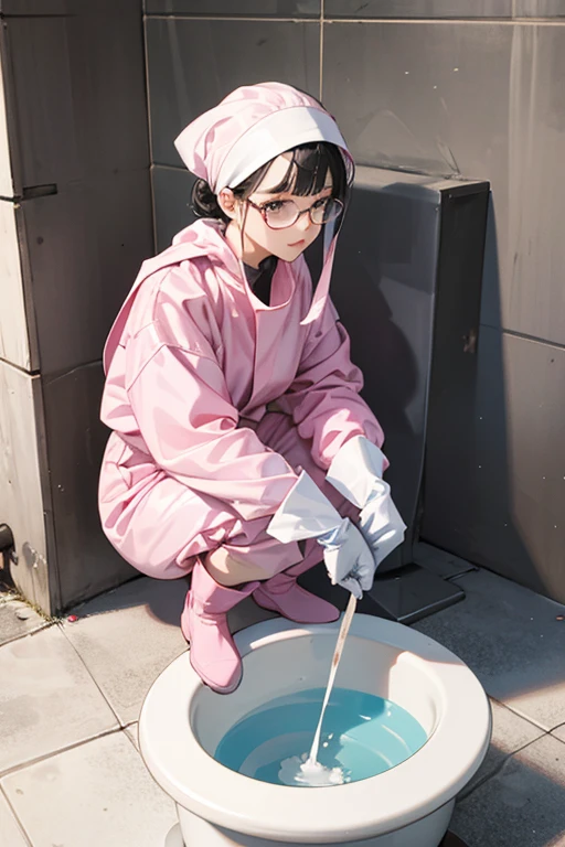 Wearing large pink rubber gloves, white rubber boots and a white cloth wrapped around her head、Mature woman with glasses and black hair tied up in a blue long sleeve jumpsuit squatting down to clean a filthy public toilet bowl