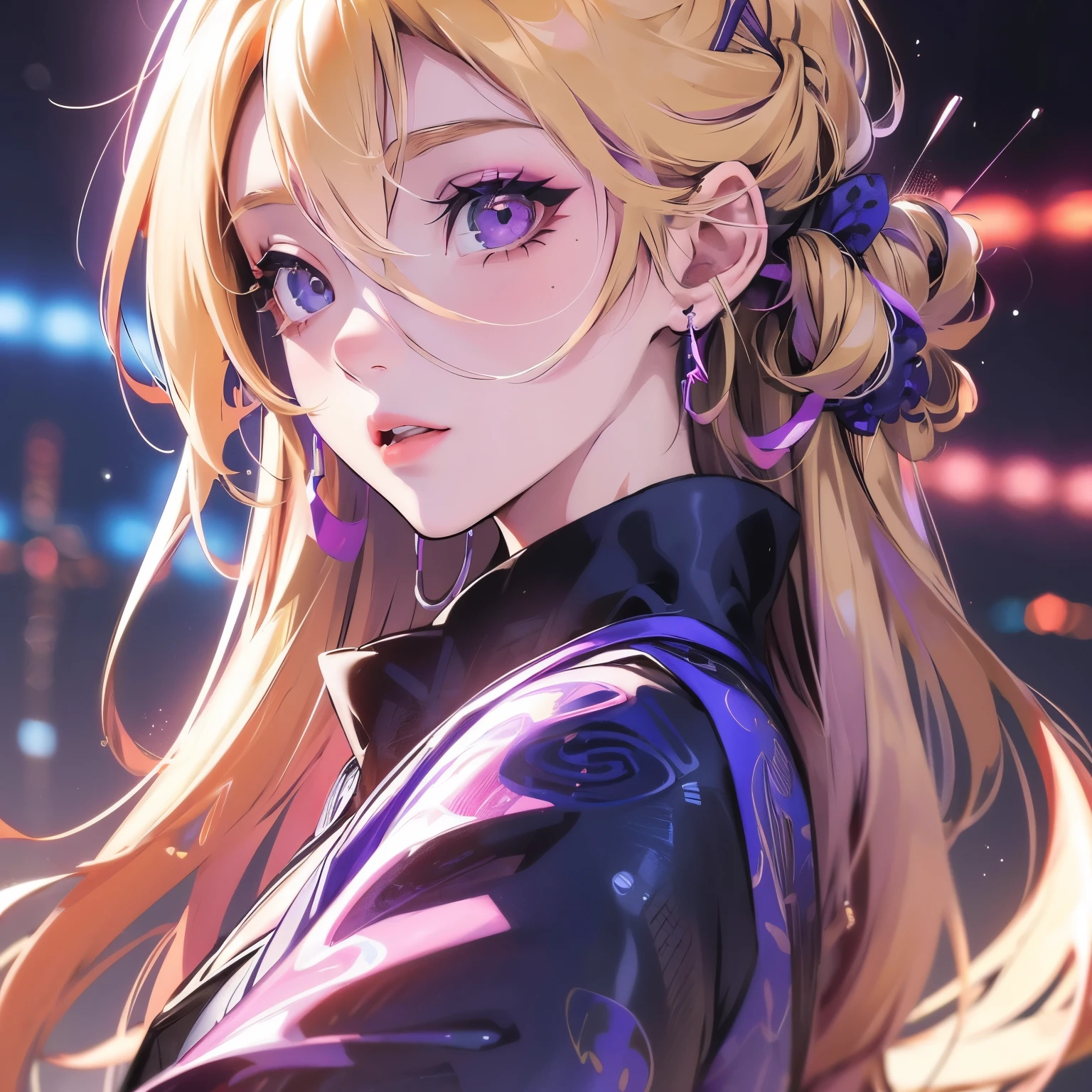 Captura de Pantalla de Tokyo Revengers, Girl with beautiful features, with blonde eyelashes and heterochromatic eyes, the right eye is purple and the left eye is blue, cabello rubio liso, piel blanca suave y labios rosados.