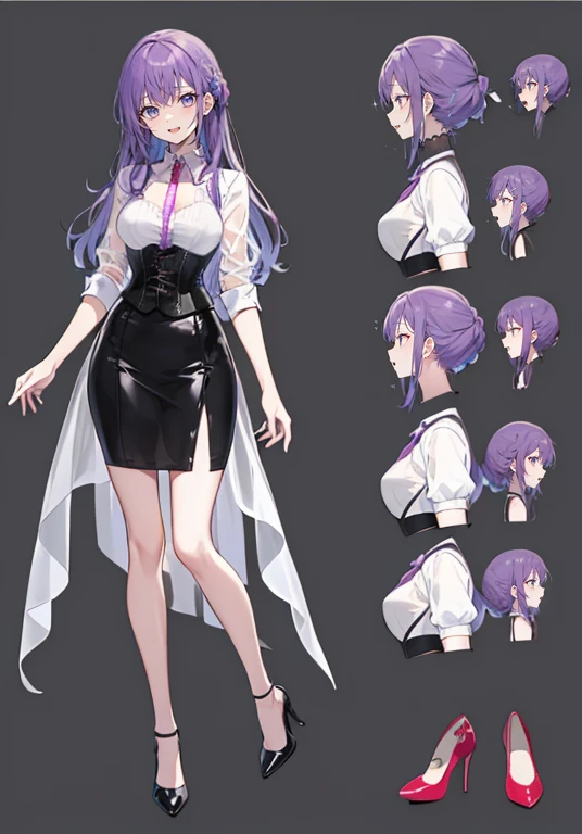 Purple hair,voluminous long hair,Adult female,(suit),See-through shirt,See-through tops,((Roll up your sleeves)),(Corset),(Tight skirt),(high heels),The heel is visible,((Simple background)),Smile,((Full body)),((whole body)),Character Sheet,