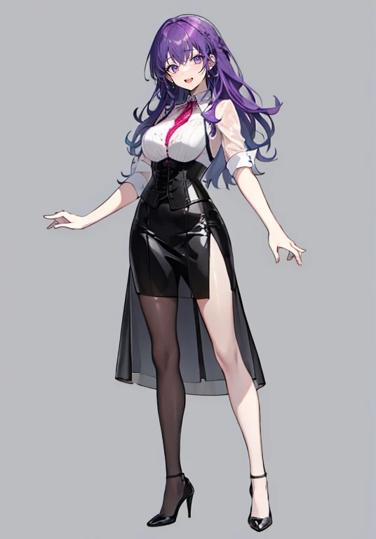 Purple hair,voluminous long hair,Adult female,(suit),See-through shirt,See-through tops,((Roll up your sleeves)),(Corset),(Tight skirt),(high heels),The heel is visible,((Simple background)),Smile,((Full body)),((whole body)),Character Sheet,