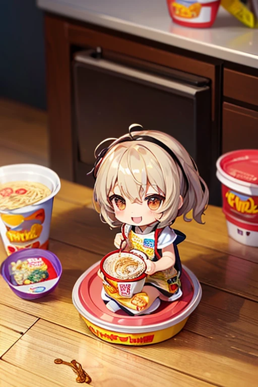 (Little:1.3), Happy, (Sit on a Cup Noodles lid:1.3), whole body, (costume), indoor, On the table, (Nendoroid:1.1),