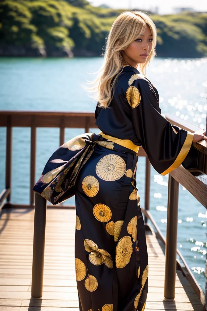 Ass, gyaru, dark-skinned, shiny oiled skin, blond hair, wearing japanese kimono, standing on the bridge, sunshine, deep fog, close up shot