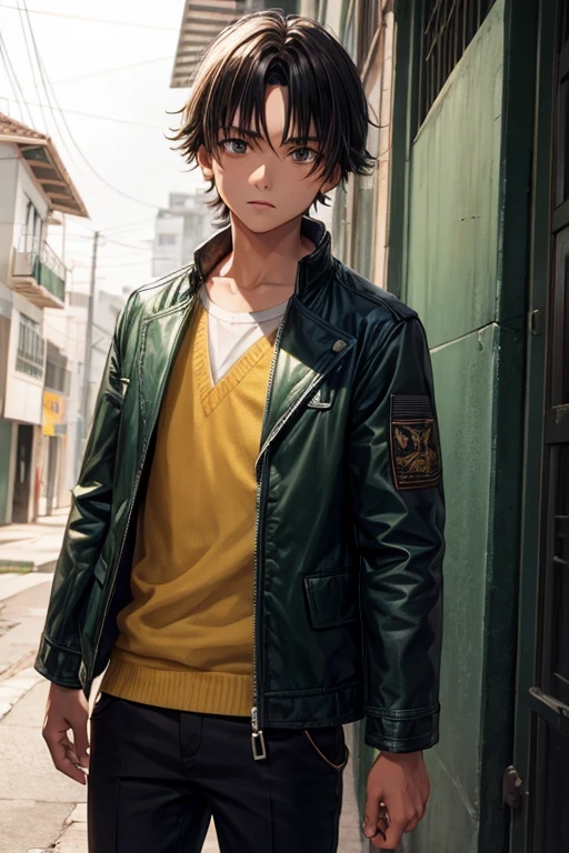 menino, branco, 12 anos, jaqueta verde, cabelo marrom, cidade, apocalipse zumbi, anime