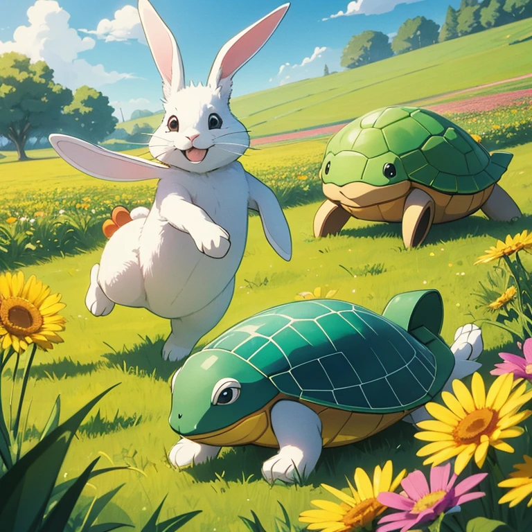 A joyful and vibrant cartoon illustration of a rabbit and a turtle running playfully through a lush field of colorful flo
