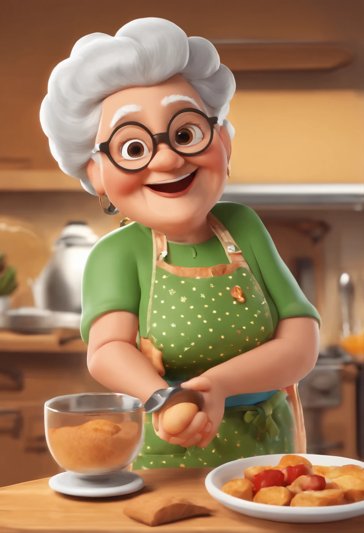 Personaje de dibujos animados de un abuelita con un delantal de cocina y con un completo en la mano y sonriendo a la camara, un personaje animado, personaje estilizado, animation style rendering, 2D estilizado, Arnold Maya renderizado, Render 2D estilizado, Toon render keyshot, Personaje 2D, Personaje 2D, Stylized 2D rendering, renderizado de personajes 2d, personaje animado, Close-up character, Pose del personaje, (Estilo Pixar) (parte maestra:1.2) (bokeh) (mejor calidad) (piel detallada) (textura detallada) (8K) (arcilla) (cinematic lighting) (Sharp focus,Sit up and lift your upper body.