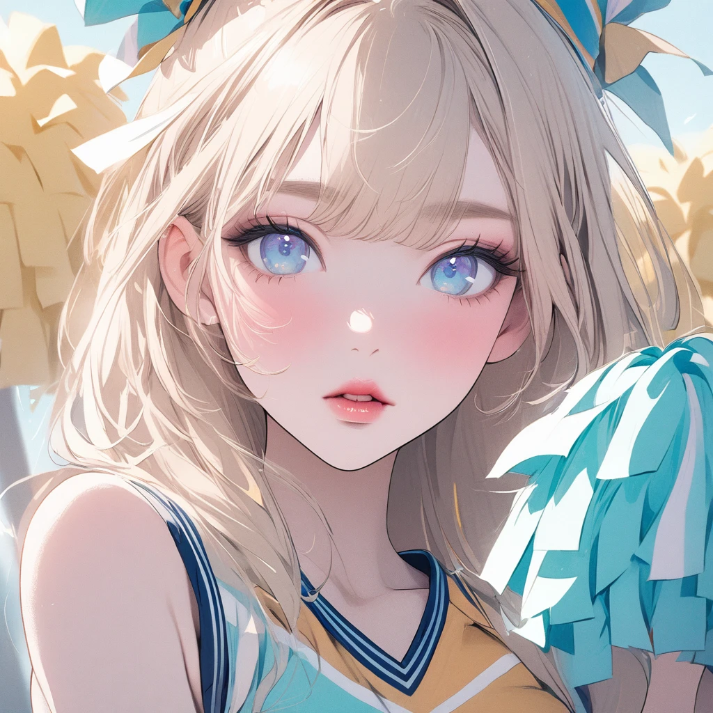 Girl, light blonde hair, blue eyes, beautiful, cheerleader uniform, pastel colors, face close-up, lipgloss, brat, cheer, ethereal, pom-poms, submissive