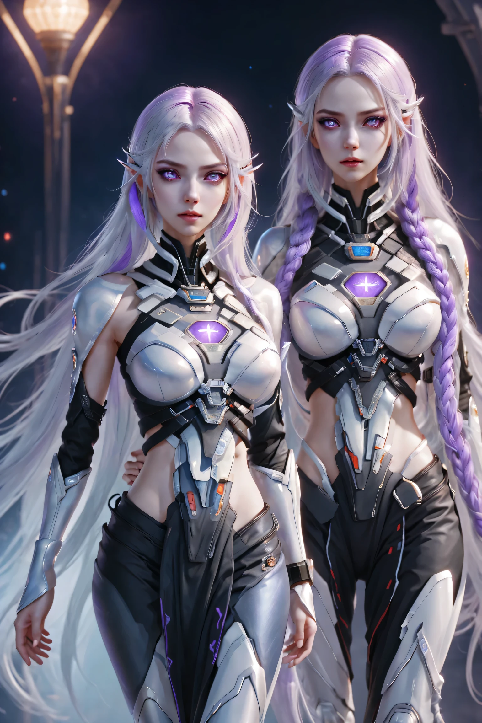 (Two cyborg girls standing back-to-back looking at the viewer), yinji, purple hair, purple eyes, long hair, white hair, double braids, gradient hair, highly detailed, intricate machinery, glossy metal skin, glowing blue lights, complex circuitry, futuristic technology, edge light, dramatic lighting, beautiful starry background, octane rendering, cool, personality, brave, realistic 3D render, cinematic composition, award winning digital art, best quality, masterpiece, illustrations, very exquisite and beautiful, very detailed, CG, unity, wallpaper, stunning, exquisite details