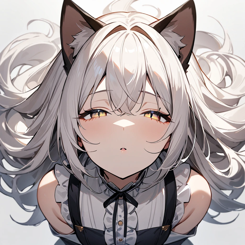 1girl,portrait,Cat ear,Slit pupil,masterpiece,best quality, very aesthetic,absurdres,highlight,center frills,cat ear,medium shot,looking at viewer,half closed eyes,front view,(looking up:1.3),Parted lips,kiss,(from above:1.3),Dutch angle,straight-on,White hair