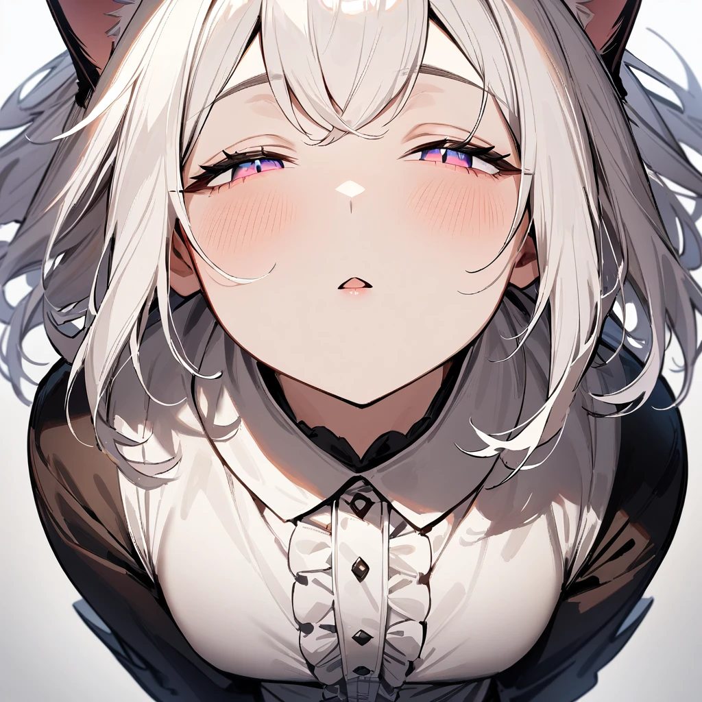 1girl,portrait,Cat ear,Slit pupil,masterpiece,best quality, very aesthetic,absurdres,highlight,center frills,cat ear,medium shot,looking at viewer,half closed eyes,front view,(looking up:1.3),Parted lips,kiss,(from above:1.3),Dutch angle,straight-on,White hair