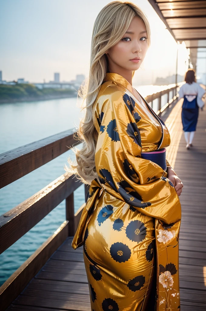 Ass, gyaru, dark-skinned, shiny oiled skin, blond hair, wearing japanese kimono, standing on the bridge, sunshine, deep fog, close up shot