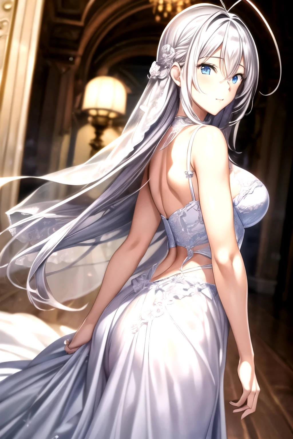 1 girl, 20 years,Young women, wedding dress, beautiful fingers,Really long legs,Beautiful Body,Beautiful nose,Beautiful character design, Perfect eyes, perfect Face,expressive eyes, looking at the audience,(Focus on her Face),closure_Mouth, Official Art,Extremely detailed CG unity 8k wallpaper, Perfect Lighting,rich and colorful, bright_front_Face_Light,容Light煥發的肌膚, (masterpiece:1.0),(the best_quality:1.0), Ultra-high resolution,4k,Super detailed, photography, White_A, , Antenna hair, Long and straight hair, Silver Hair, Wedding dress, Wedding dress, bride,bra, bride, underwear, lingerie