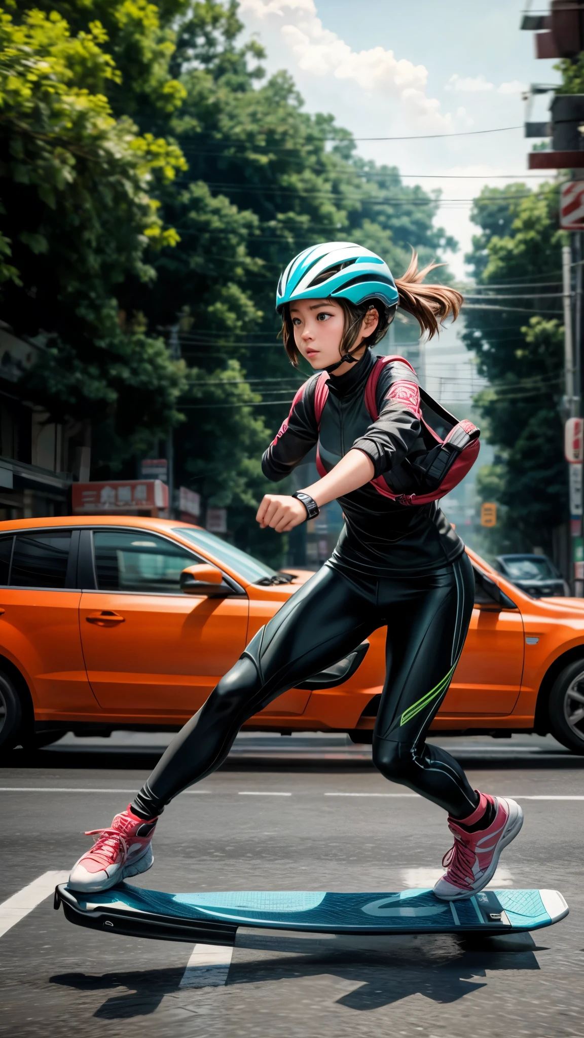 Kickboard、Girl、Lane、Avoiding cars、Motion Blur Effect