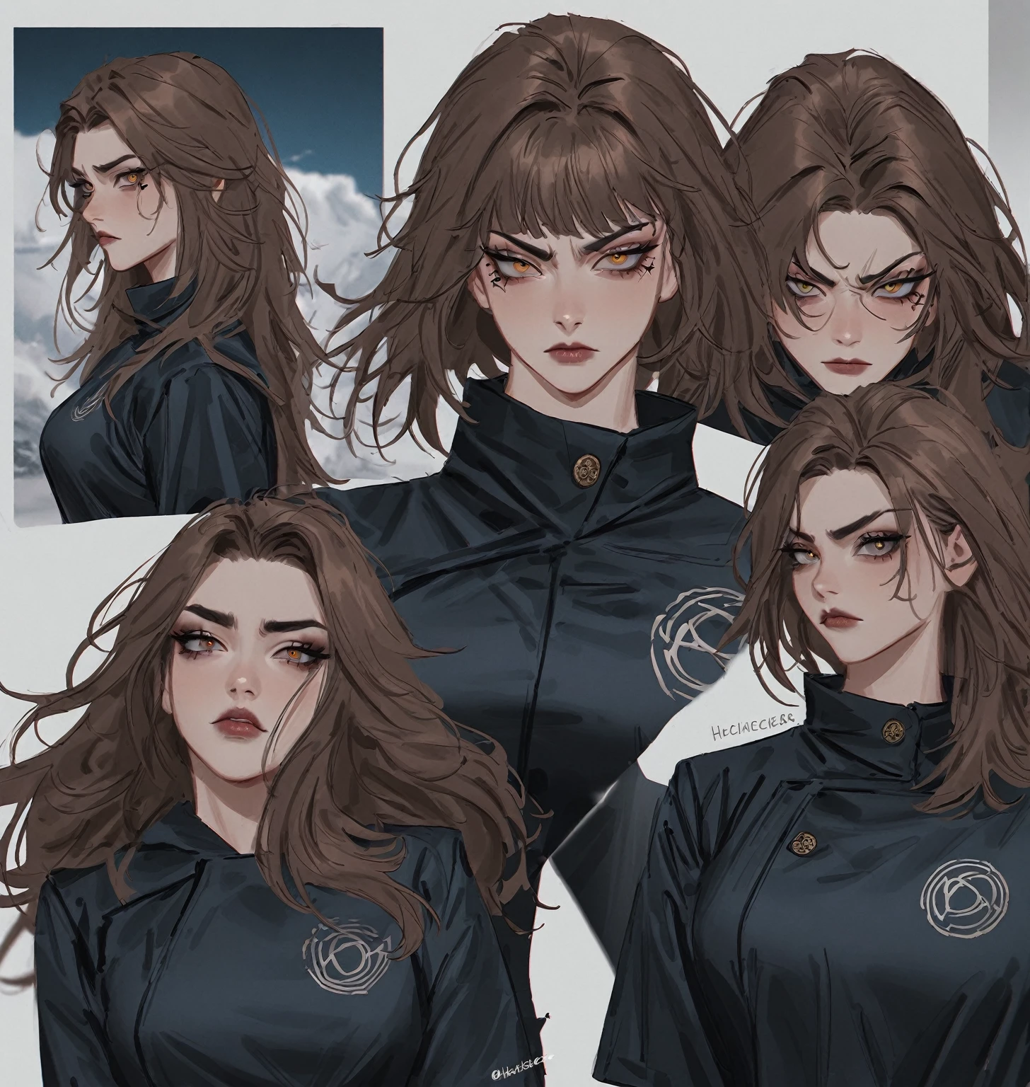 ultra detallado, high resolution, vista desde abajo estilo Jujutsu Kaisen , hechicera , 18 year old girl , hermosa , medium long brown hair , ojos gris oscuro , con uniforme de jujutsu Tech , tatuajes , serious face character design