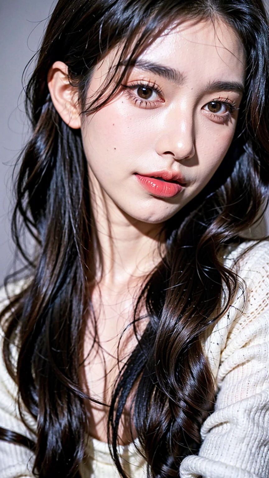 front view, symmetrical photo, face Portrait. A closeup of a girl, very pretty girl, featuring long, wavy hair in a glowing purple tones. Her purple hair radiate the royal persona and she suit in any hairstyle . Her large, expressive eyes are a striking grey, while her nose and plump lips add to her charm. She is wearing a sweater that accentuates her figure, giving her a confident and alluring presence. front view, symmetrical photo