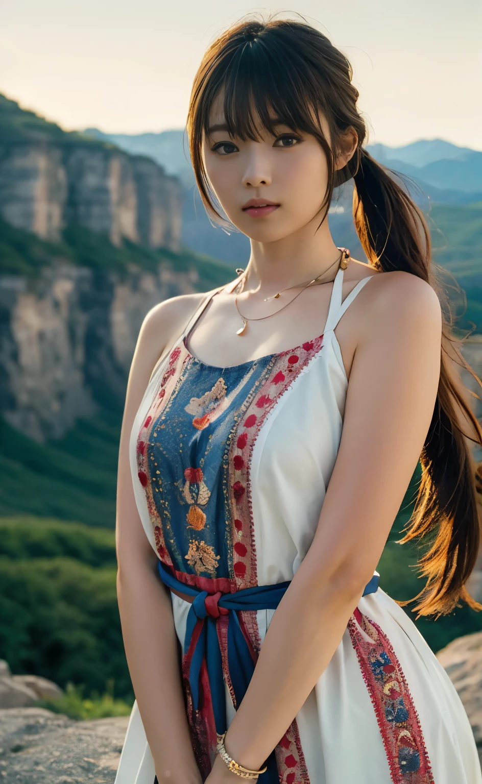 ((Perfect anatomy with attention to detail, with detailed full body depiction with no extra limbs)) ,masterpiece,Ulzan 6500,(Realisticなphoto),Idol Shiho plays a Native American woman who lives in the beautiful, majestic canyons of the American West.,((She has cute twin-tails with a thick braided hairband covering her forehead.,Two large eagle feathers are attached vertically)),Wearing a large necklace like a talisman-like magatama, wristbands and anklets,Passing through a moonlit valley with a huge canyon in the background,The traditional Native American one-piece dress made from brown tarpaulin looks great on the Sundance dancers.,(最high quality:1.2),(Realistic:1.37),Vibrant colors,Soft moonlight,native pattern,Flowing hair accessories and traditional clothing,Expressive and powerful eyes,Impressive features,A proud and powerful stance,Natural elements,Iconic moon and stars,Tribal symbols,Subtle texture,Painterly style,Emphasizing light and shadow,Clear Face,masterpiece,Super Detail,Great composition,Ultra HD,high quality,Very detailed,soft,4K wallpaper,Super Detail,4K shooting with deep depth of field,