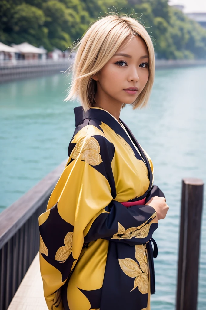 Ass, gyaru, dark-skinned, shiny oiled skin, blond hair, short cut hair, wearing japanese kimono, standing on the bridge, sunshine, deep fog, close up shot