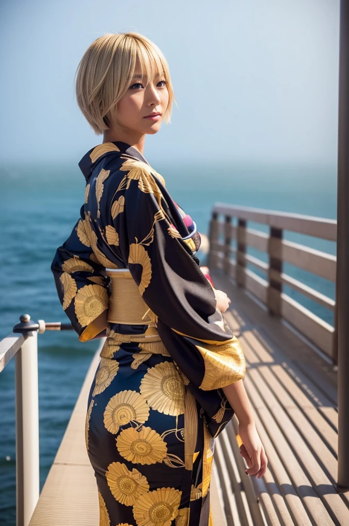 standing in the night sea, ass, gyaru, dark-skinned, (shiny oiled skin:1.2), Sony α7, 35mm Lens, f1.8, film grain, soft lighting, wearing vivid
printed kimono, blond hair, shoort cut hair, moon light
