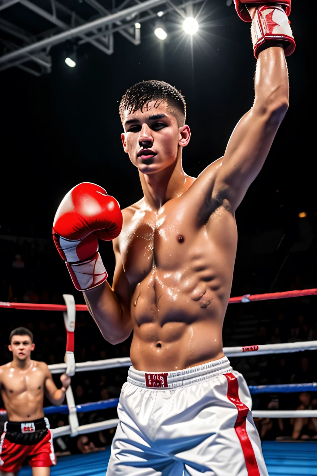 a lean skinny 18-year old shirtless caucasian boy wearing red boxing gloves, white boxing shorts, undercut black hair, tanned skin, drenched with sweat, in the ring